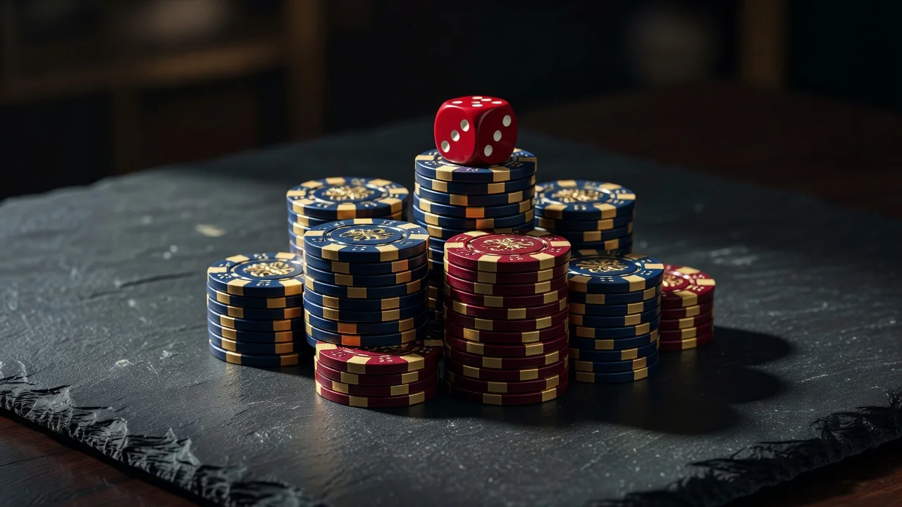 Elegant casino chips stacked on dark slate with a single red die on top