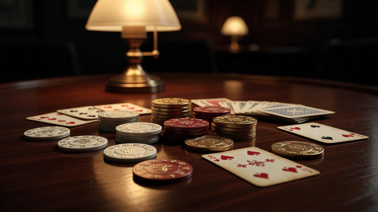Vintage-style casino chips and playing cards on polished dark wood with warm light