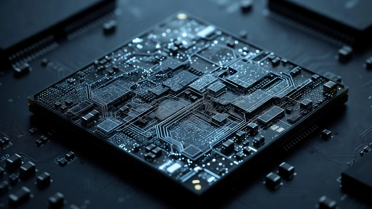 Macro view of a computer processor chip with cool cyan lighting on dark board