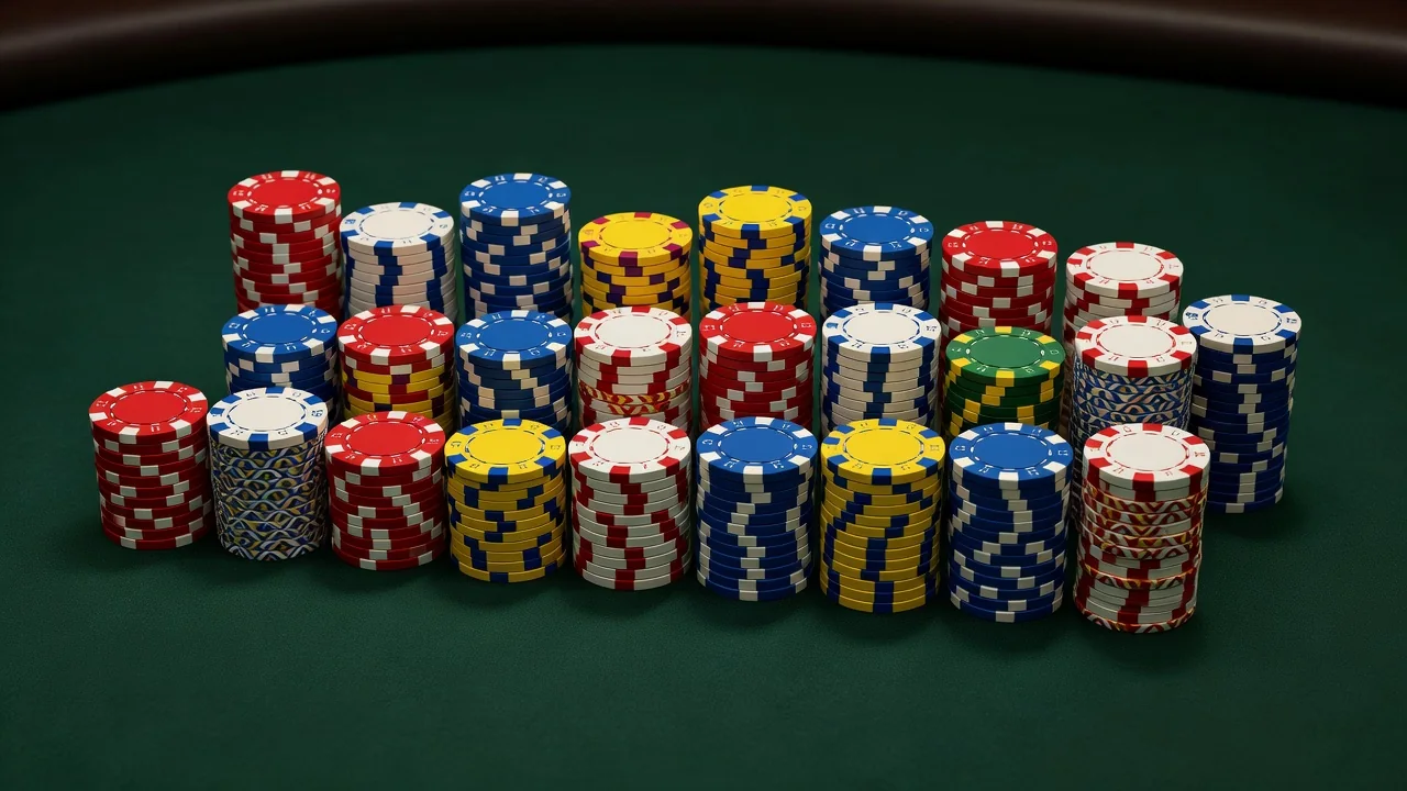 Neat stacks of casino chips arranged by height on dark green felt