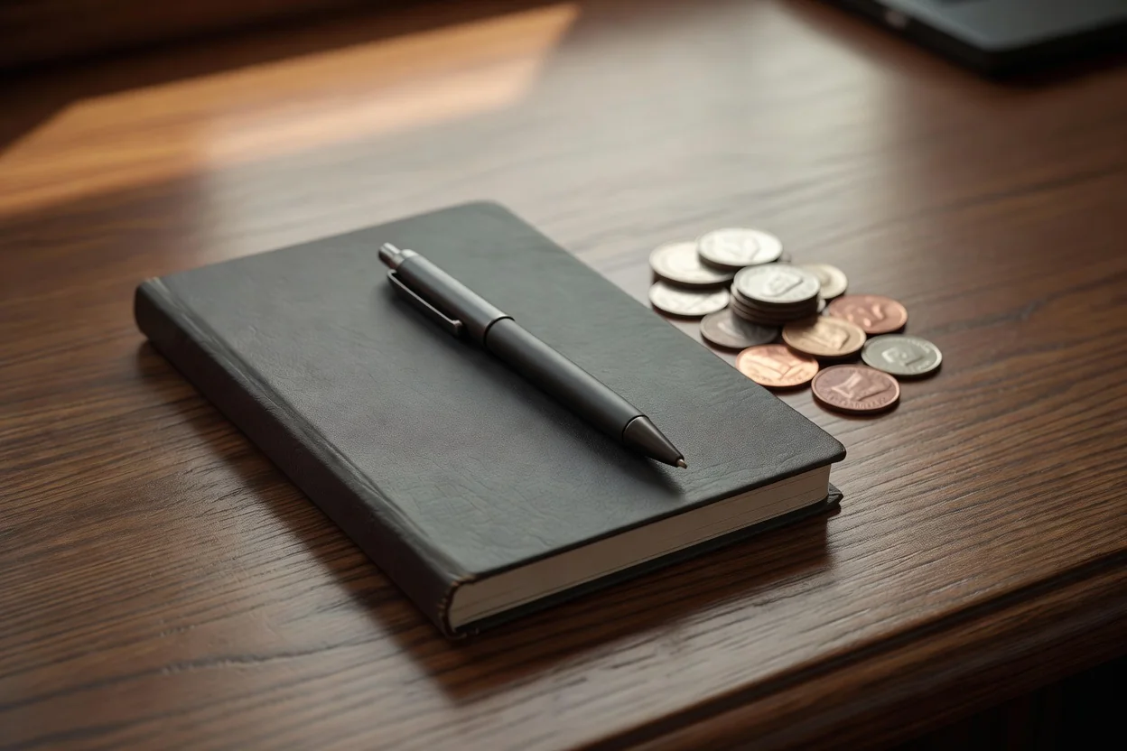 Closed notebook with a pen resting on it beside a small stack of coins