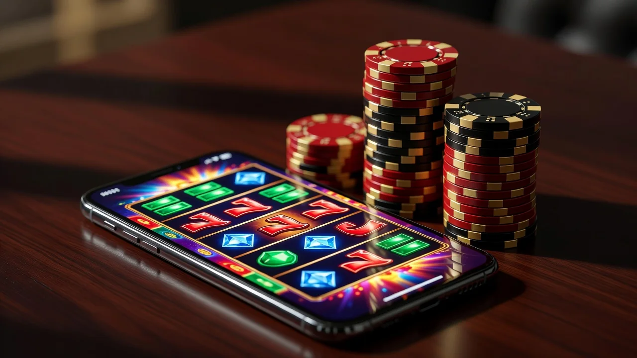 Smartphone showing a colourful slot game beside a stack of casino chips on a desk