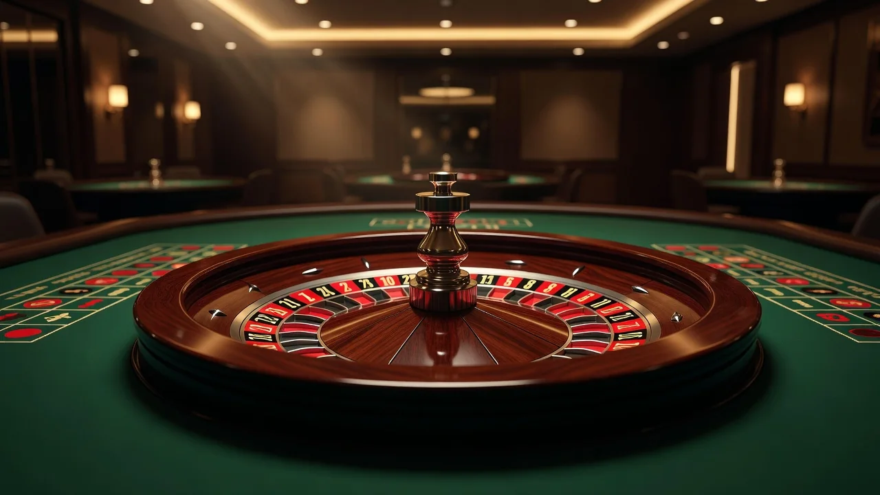 Live roulette wheel in a professional casino studio with warm lighting