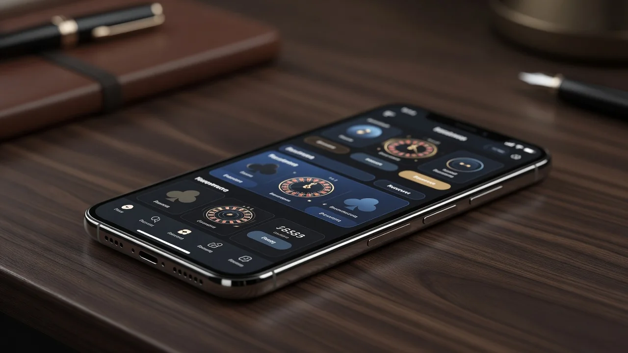 Sleek smartphone on a desk showing a dark-themed casino app interface