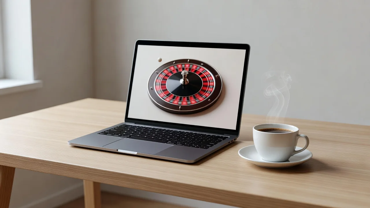 Minimalist desk with laptop showing a roulette game and a cup of coffee nearby