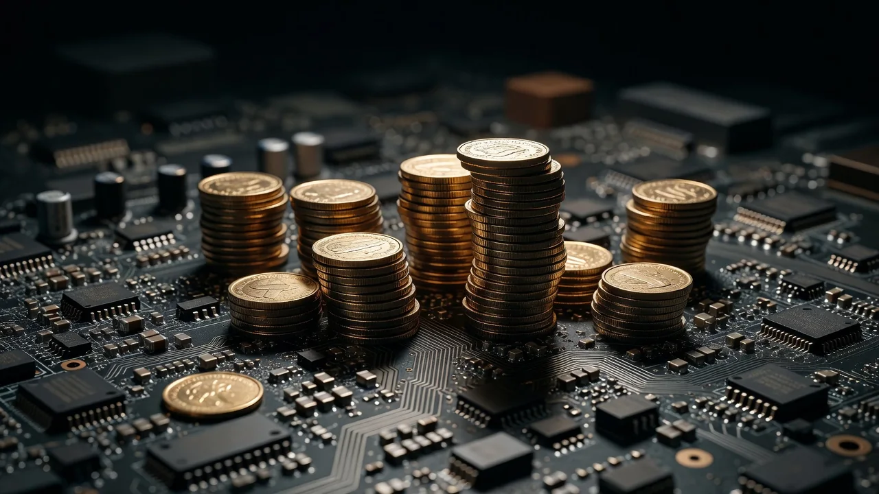 Golden physical coin tokens stacked on a dark circuit board surface