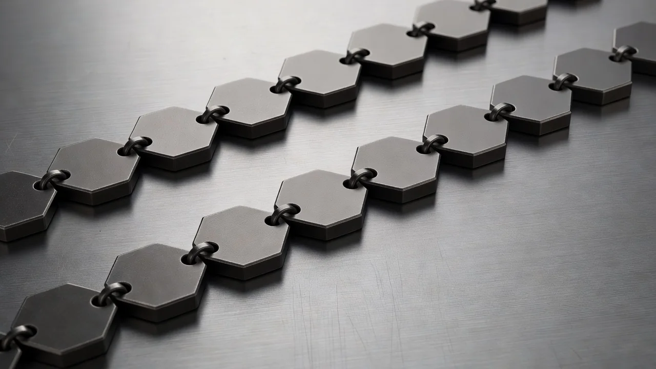 Hexagonal metal tokens arranged in a chain pattern on brushed steel