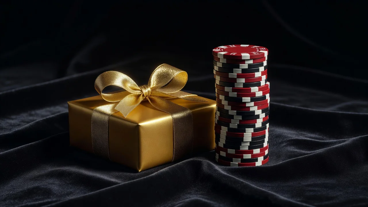 Gift box wrapped in gold ribbon beside stacked casino chips on dark velvet