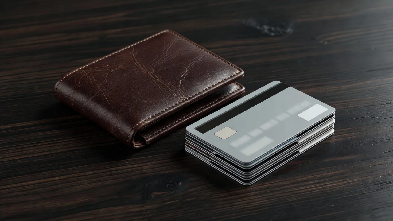 Leather wallet and a neat stack of bank cards on a dark wooden surface