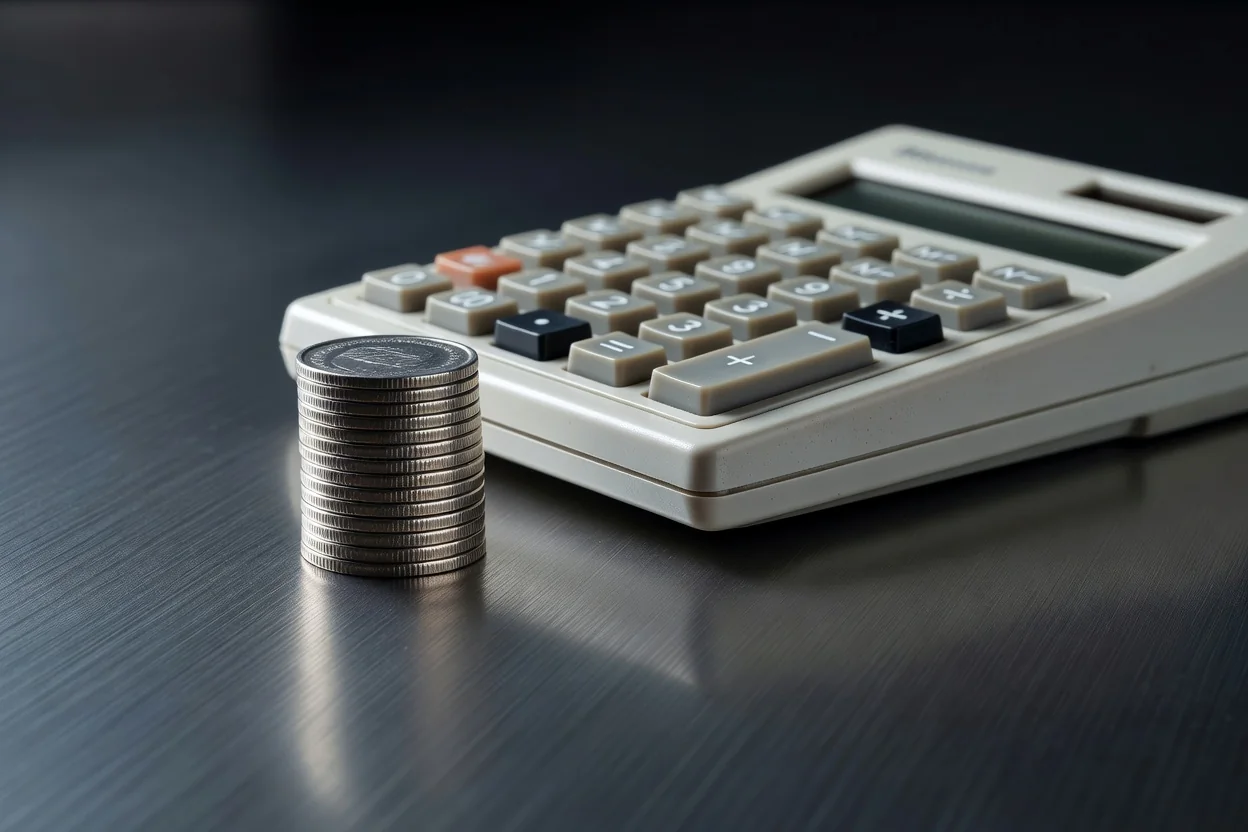 Stack of silver coins beside a vintage calculator on dark brushed metal