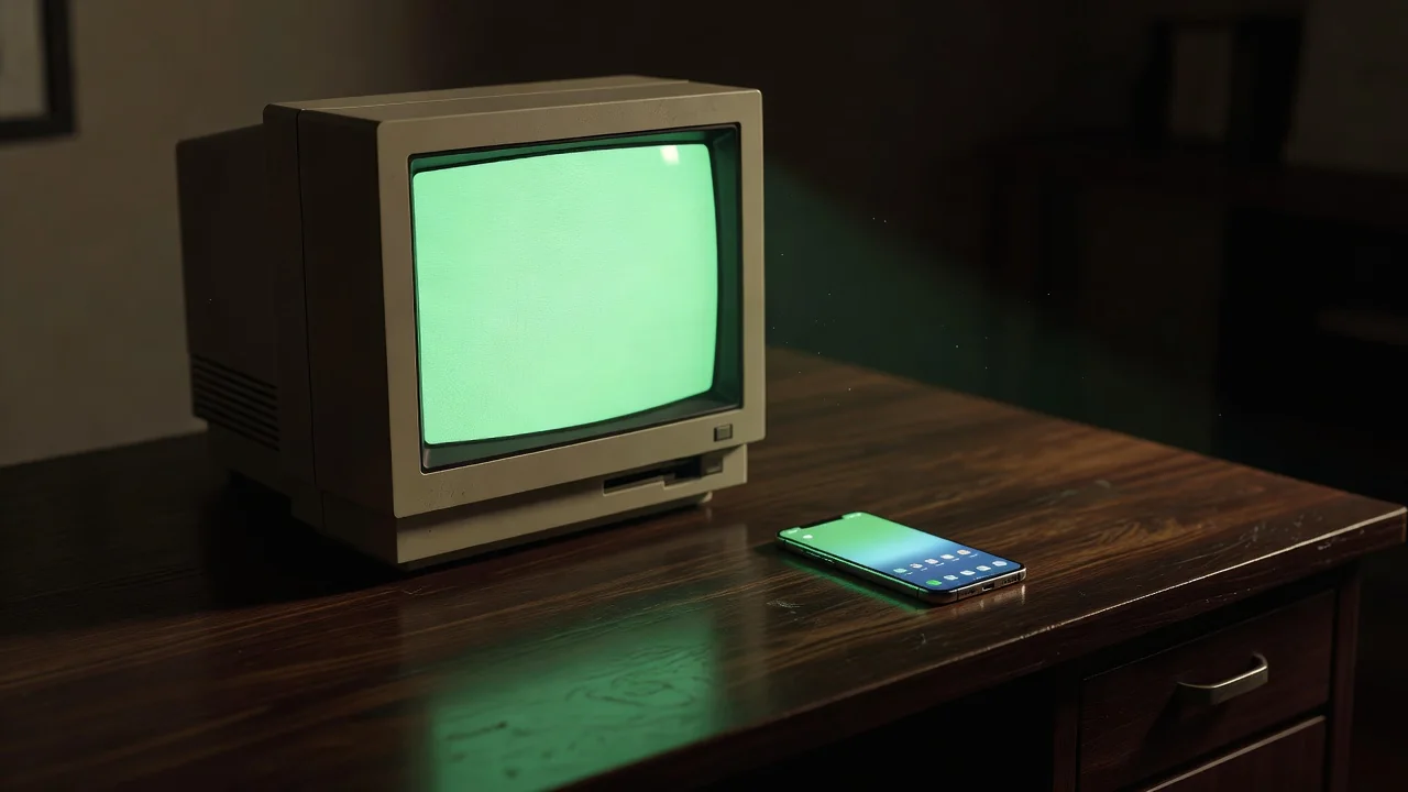 Retro computer monitor glowing beside modern smartphone on a dark wooden desk