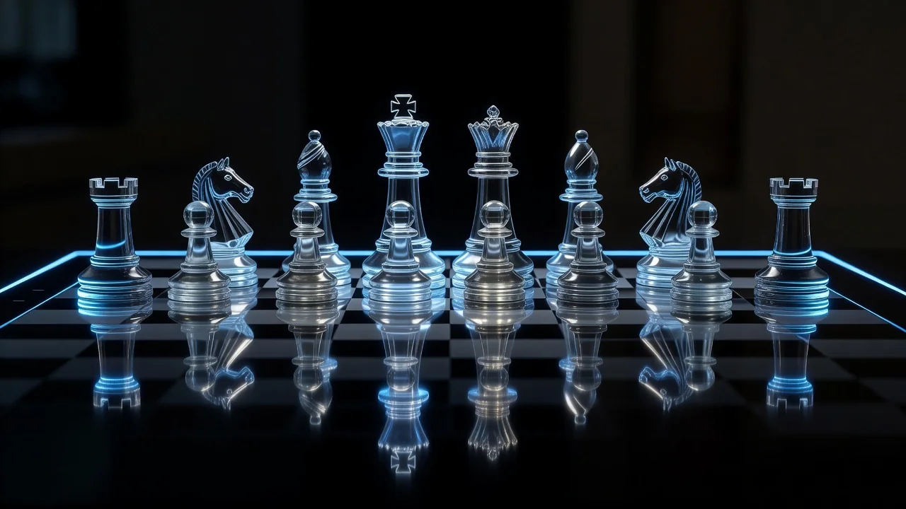 Glass chess pieces on a reflective black surface with cool blue rim light