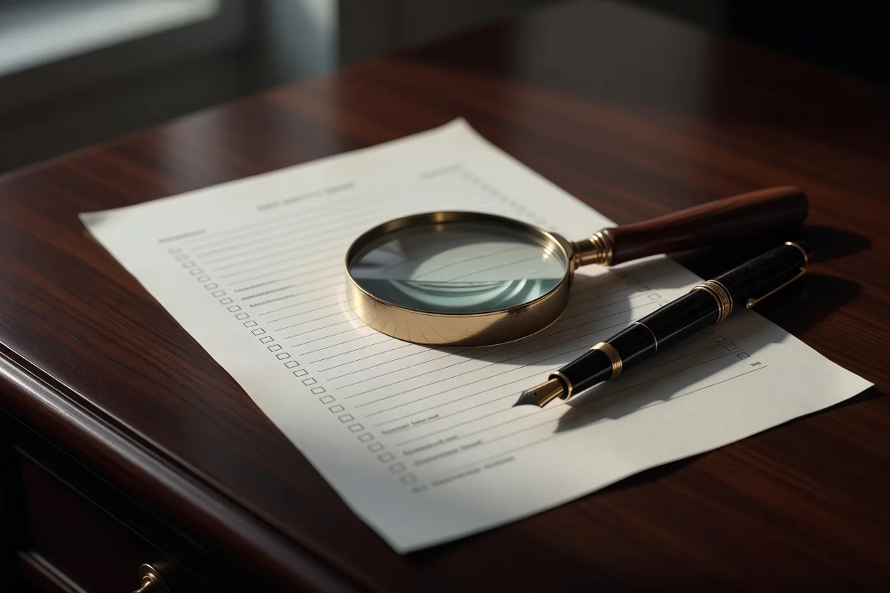 Magnifying glass resting on a printed checklist beside a fountain pen