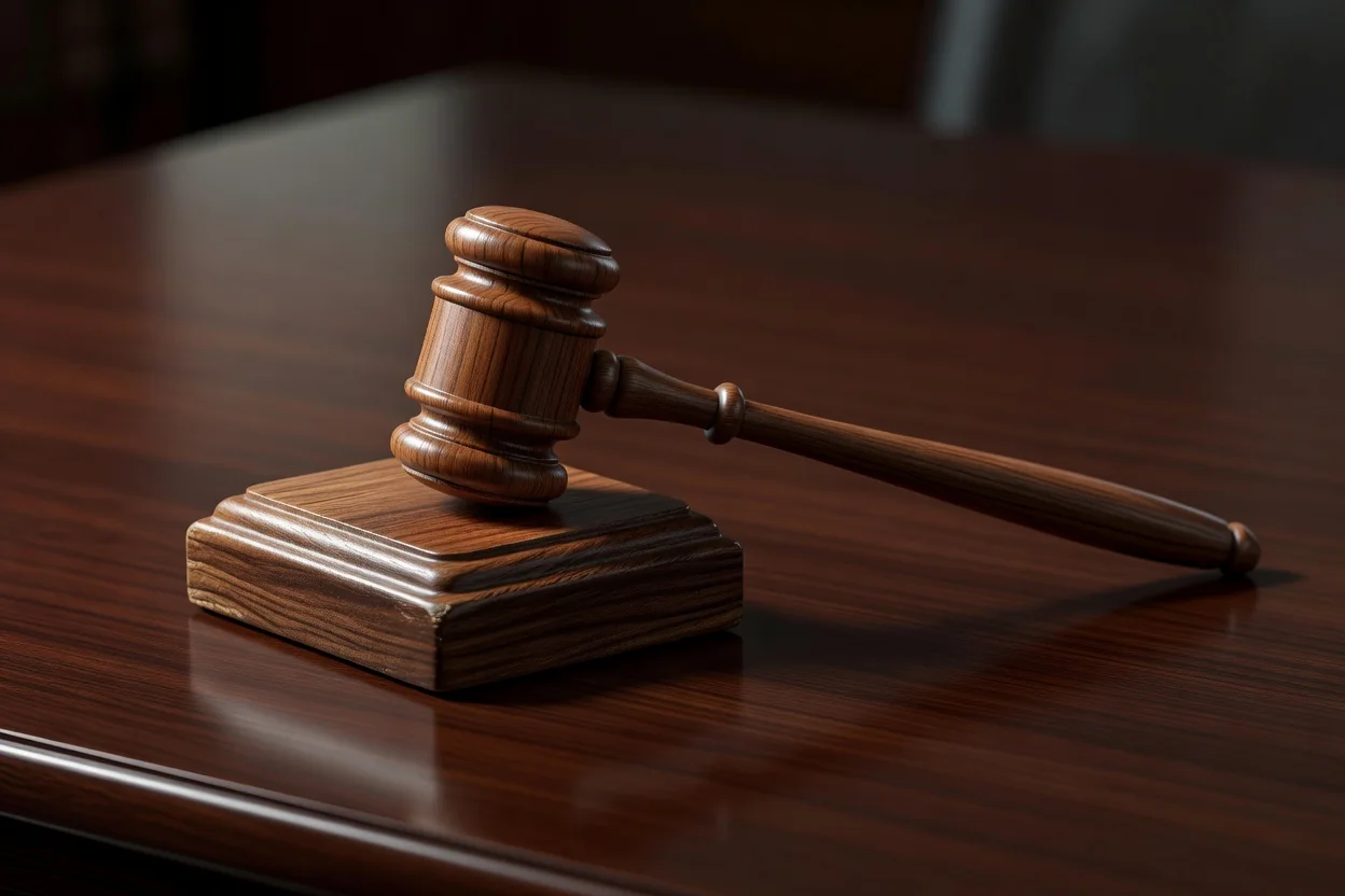 Wooden gavel and sound block on a dark desk with soft focused lighting
