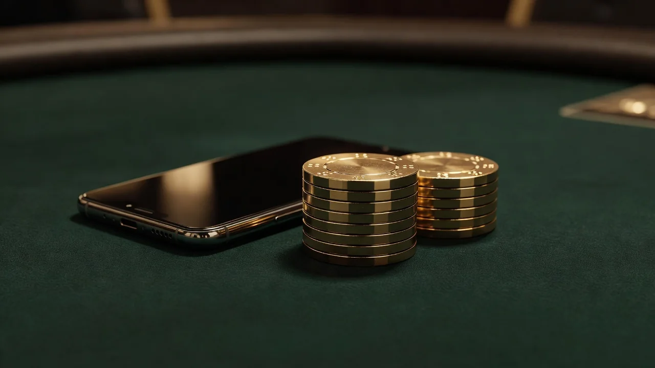 Golden casino chips stacked beside a smartphone lying on dark green felt