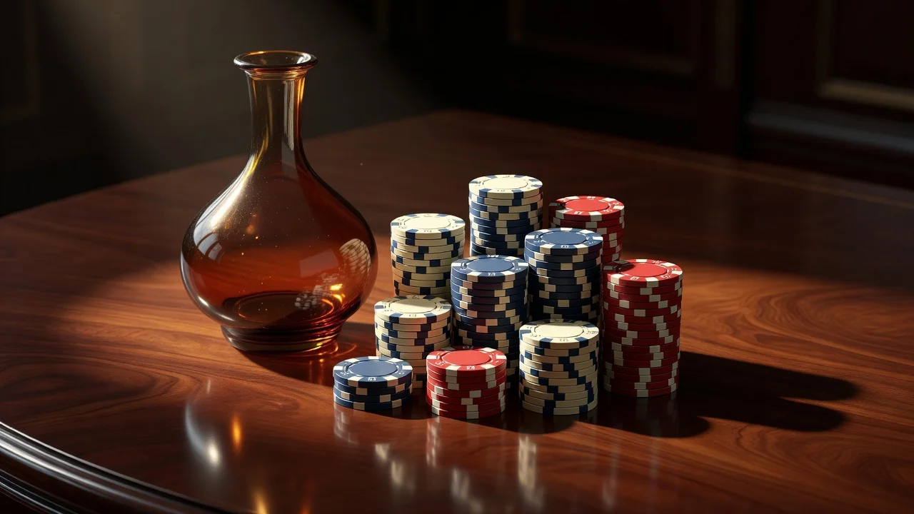 Amber glass and stacked poker chips on polished mahogany with warm spotlight