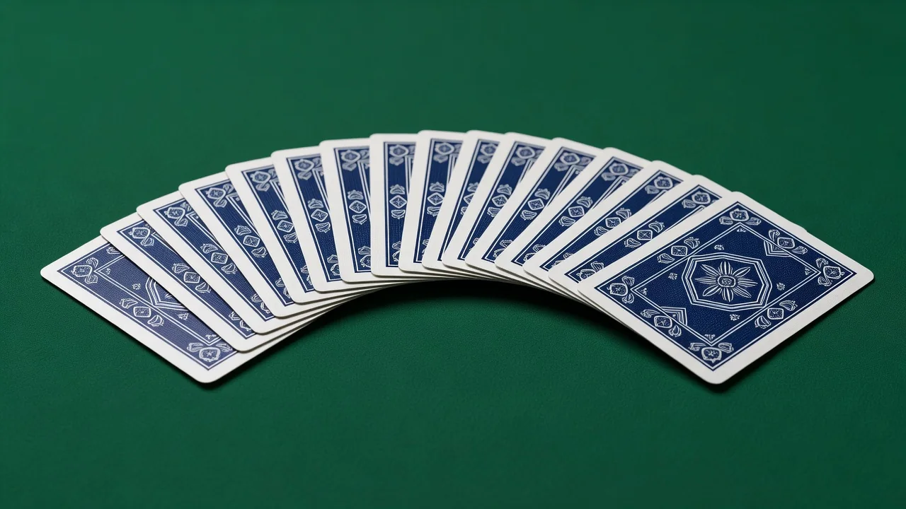 Professional casino cards fanned on plain green felt without any printed markings