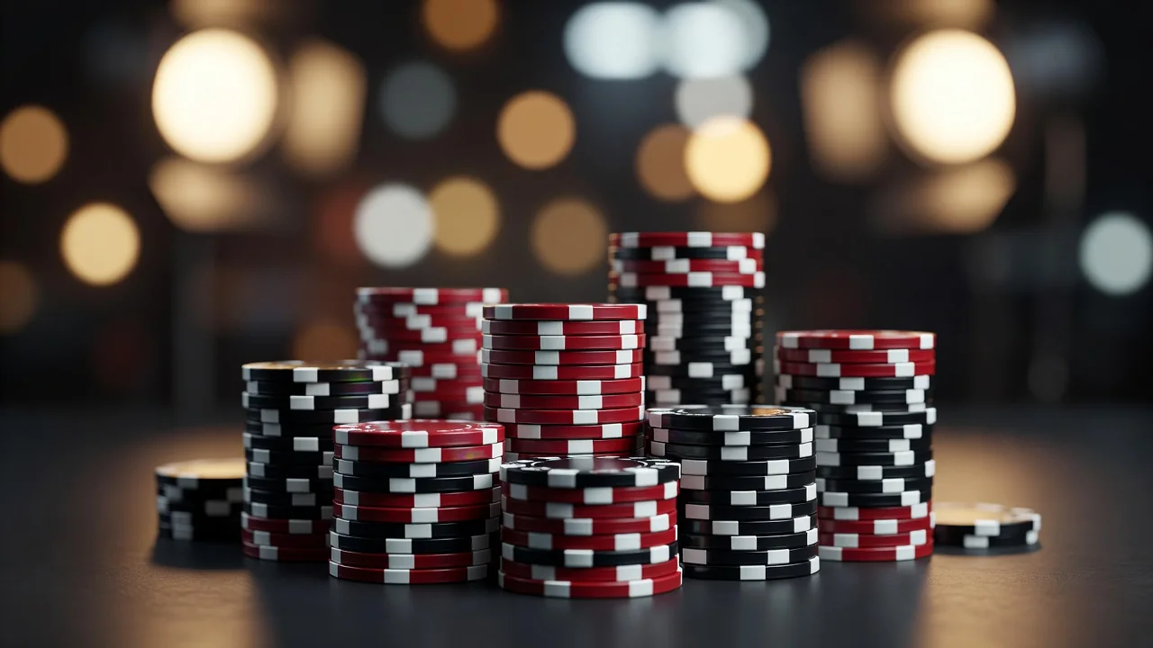 Stacked poker chips sharp in foreground with softly blurred studio lights behind