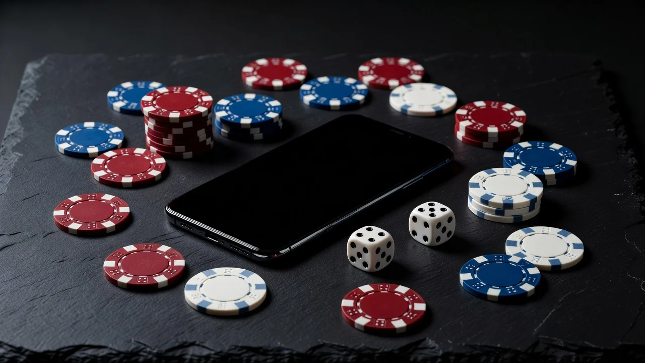 Smartphone lying on dark slate beside scattered casino chips and a pair of dice