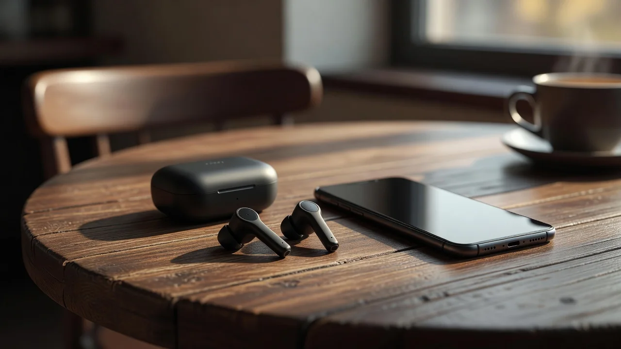 Wireless earbuds and a smartphone on a cafe table with soft morning light