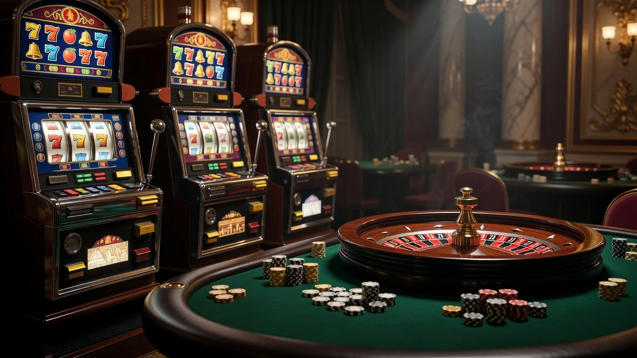 Olympe Casino lobby with slots and a live roulette table