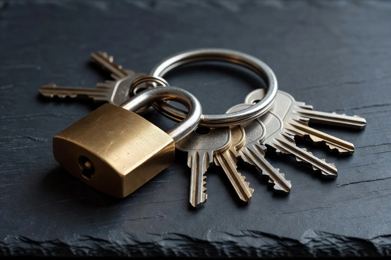 Brass padlock and a ring of keys on a dark slate surface with soft light