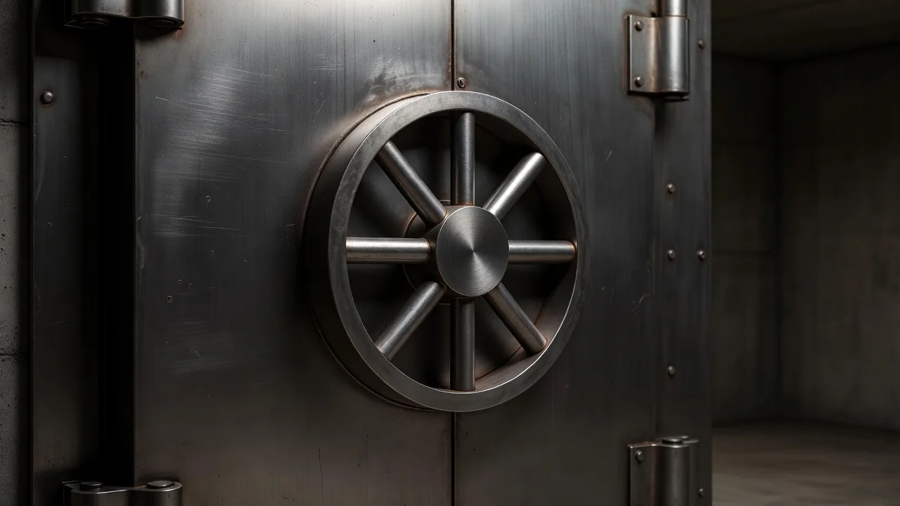 Steel bank vault door with circular handle in soft dramatic lighting