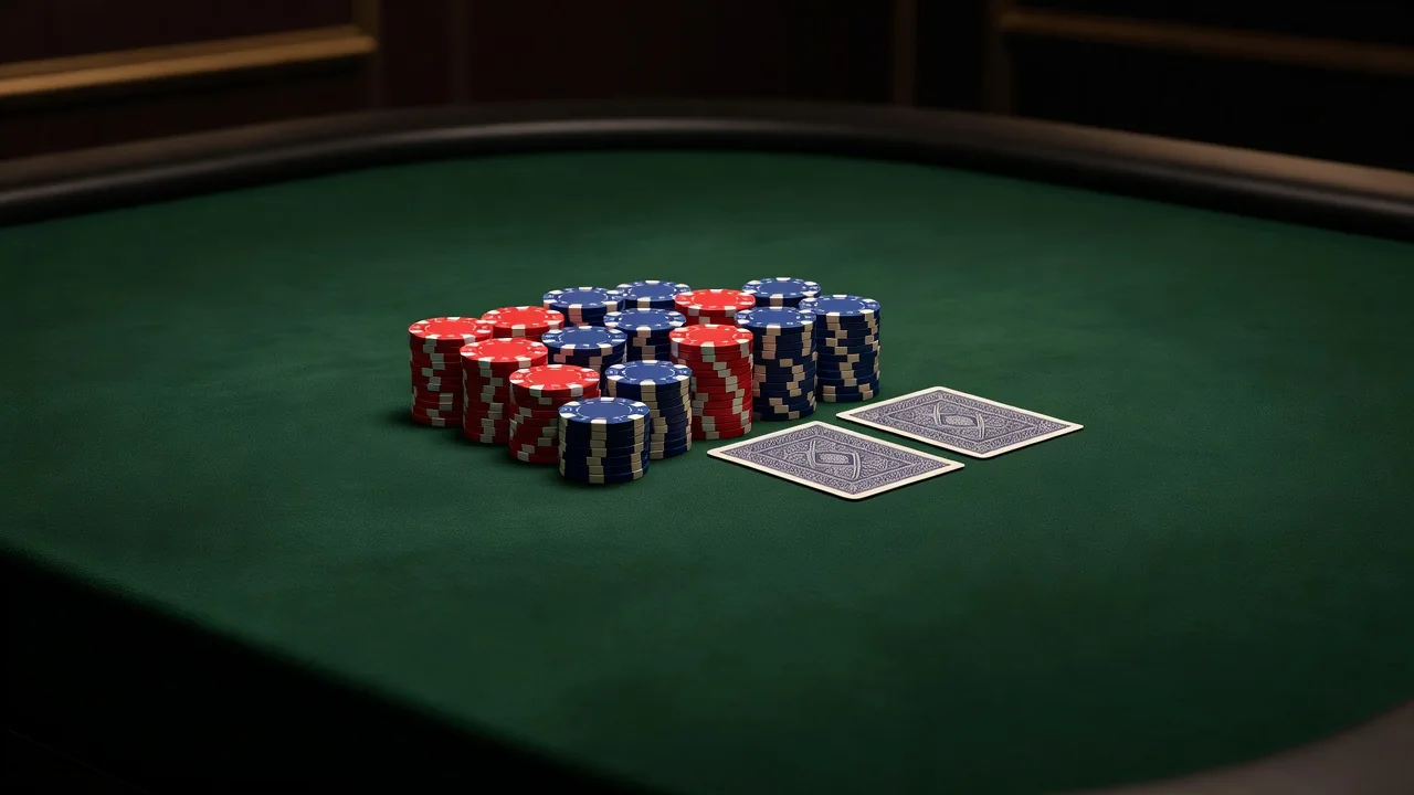 Poker table with neat stacks of red and blue chips and two face-down cards