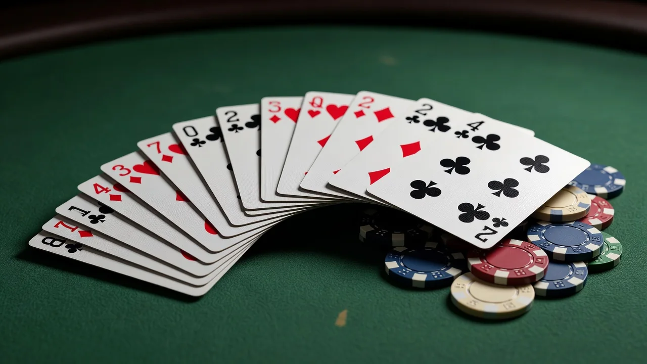 Close-up of a hand of poker cards fanned out over green felt beside poker chips
