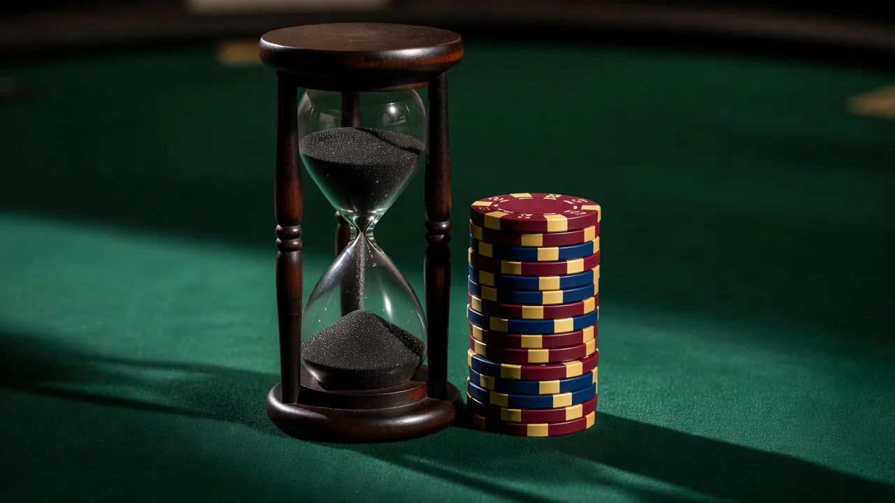 Hourglass with dark sand beside a neat stack of casino chips on felt