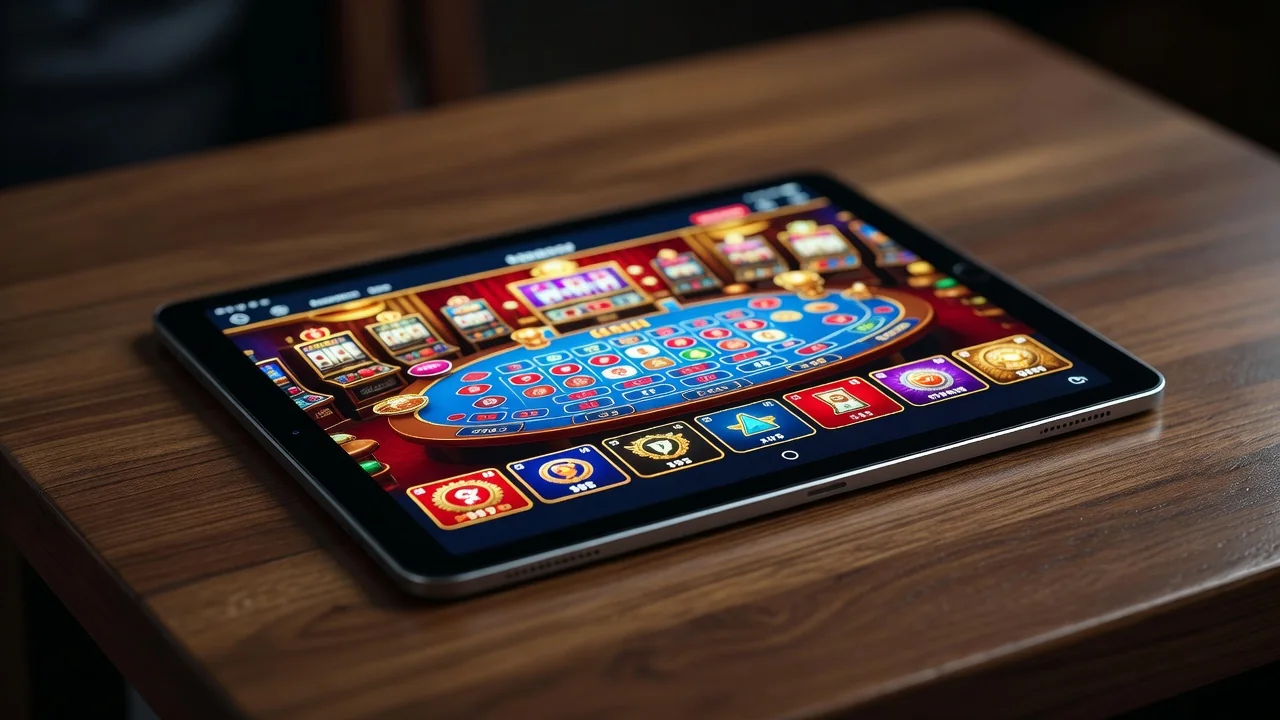 Modern tablet displaying a bright casino game lobby on a wooden table