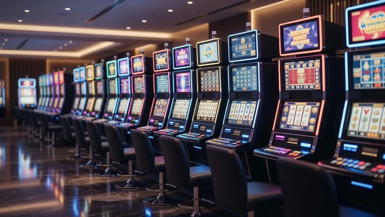 Rows of colourful slot machines in a modern casino hall with soft ambient light