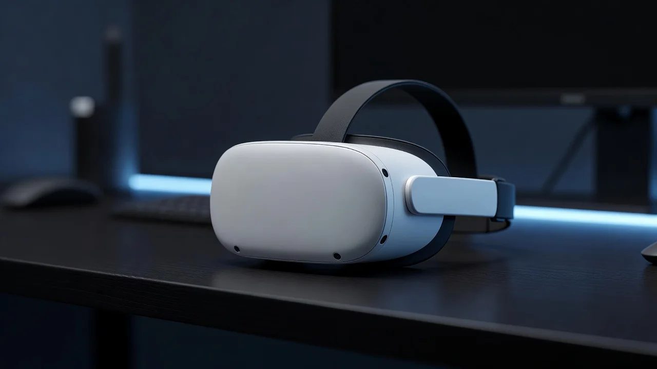 Modern white VR headset resting on a dark desk with soft blue ambient light