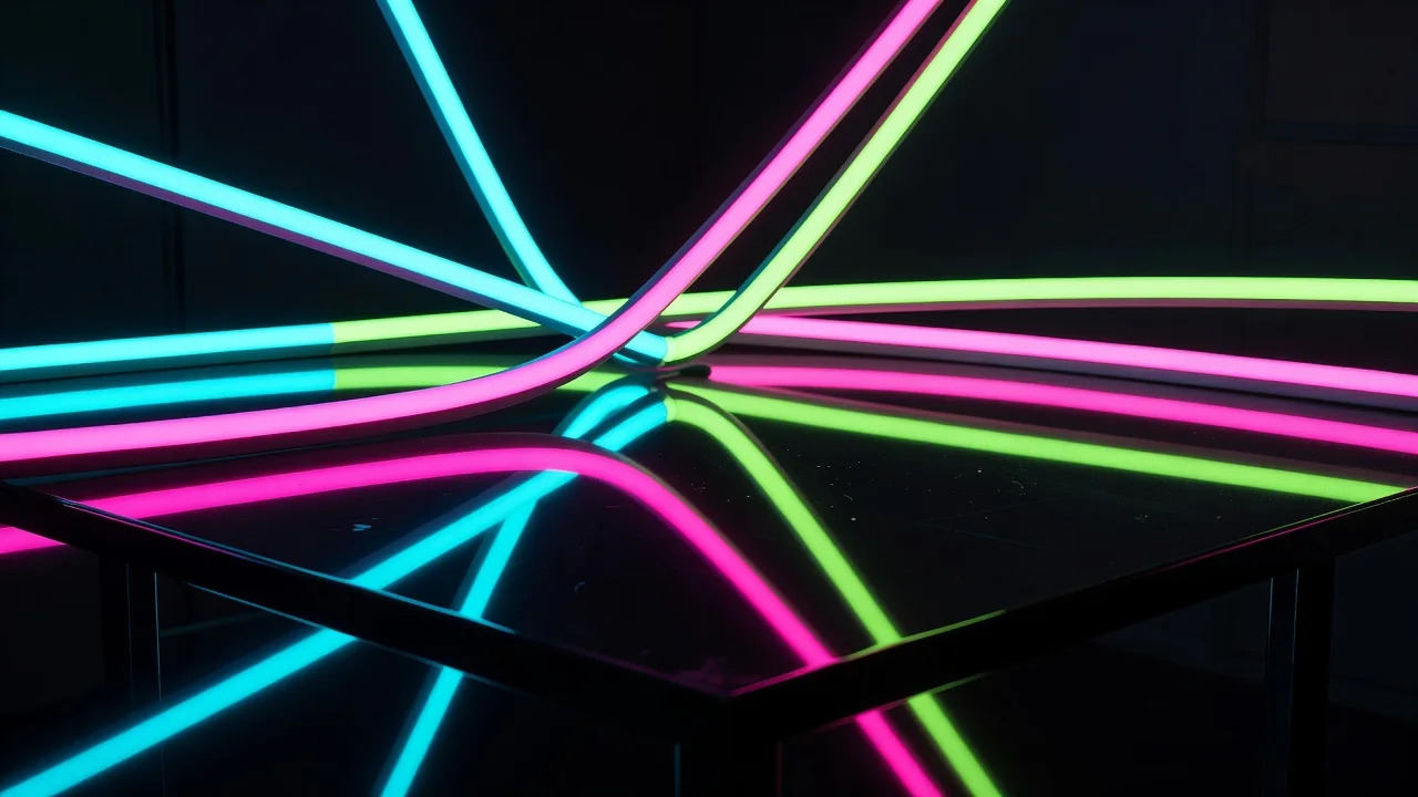 Glowing neon light strips reflecting on a glossy black table surface